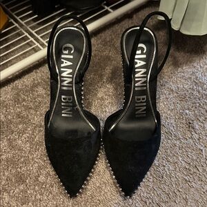 Gianni Bini Black Suede Pointed Slingback Heels with Stud Trim